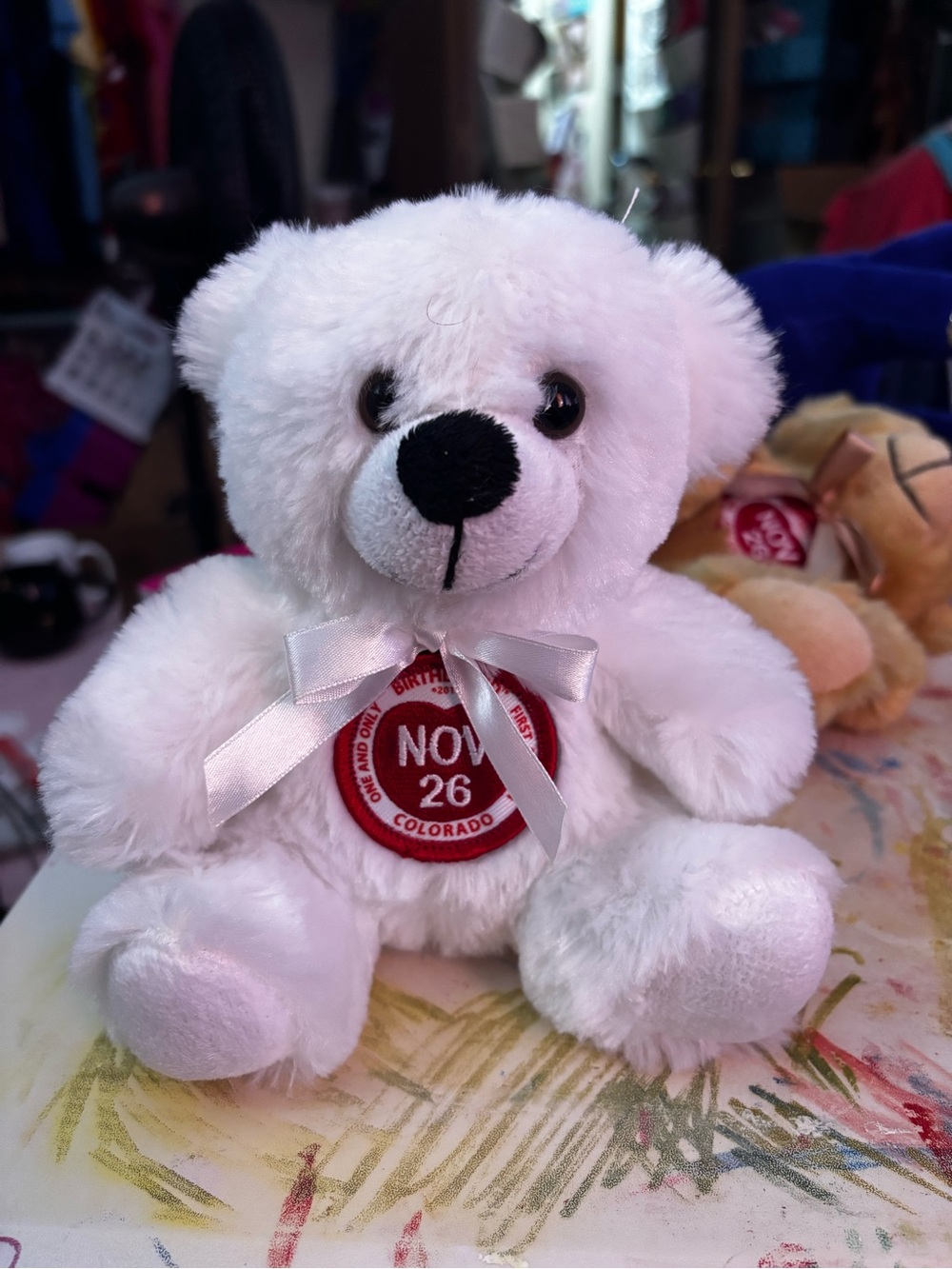 White Plush Teddy Bear with Satin Bow and Red birthday date Patch
